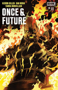 Comic book cover of 'Once & Future' with a large creature and fiery background.